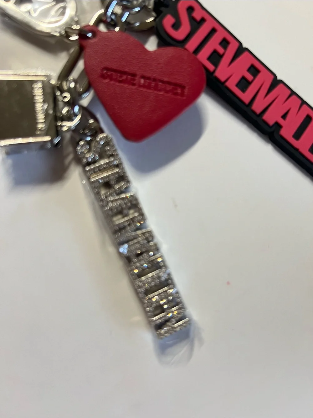 Steve Madden Red and Silver Logo Heart Keychain